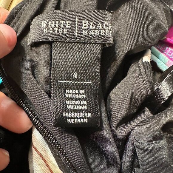 White House Black Market Black Tan/Ivory Stripe Stretch Bodycon Ruched Sz 4 - Picture 3 of 4